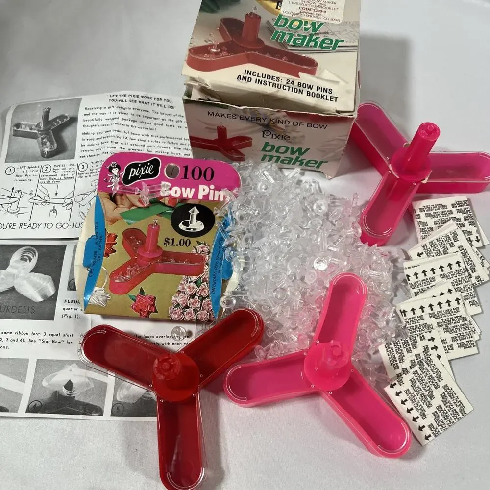 Vintage BIG LOT Pixie Bow Maker Kit 100s Bow Pins & Instructions Pink Red